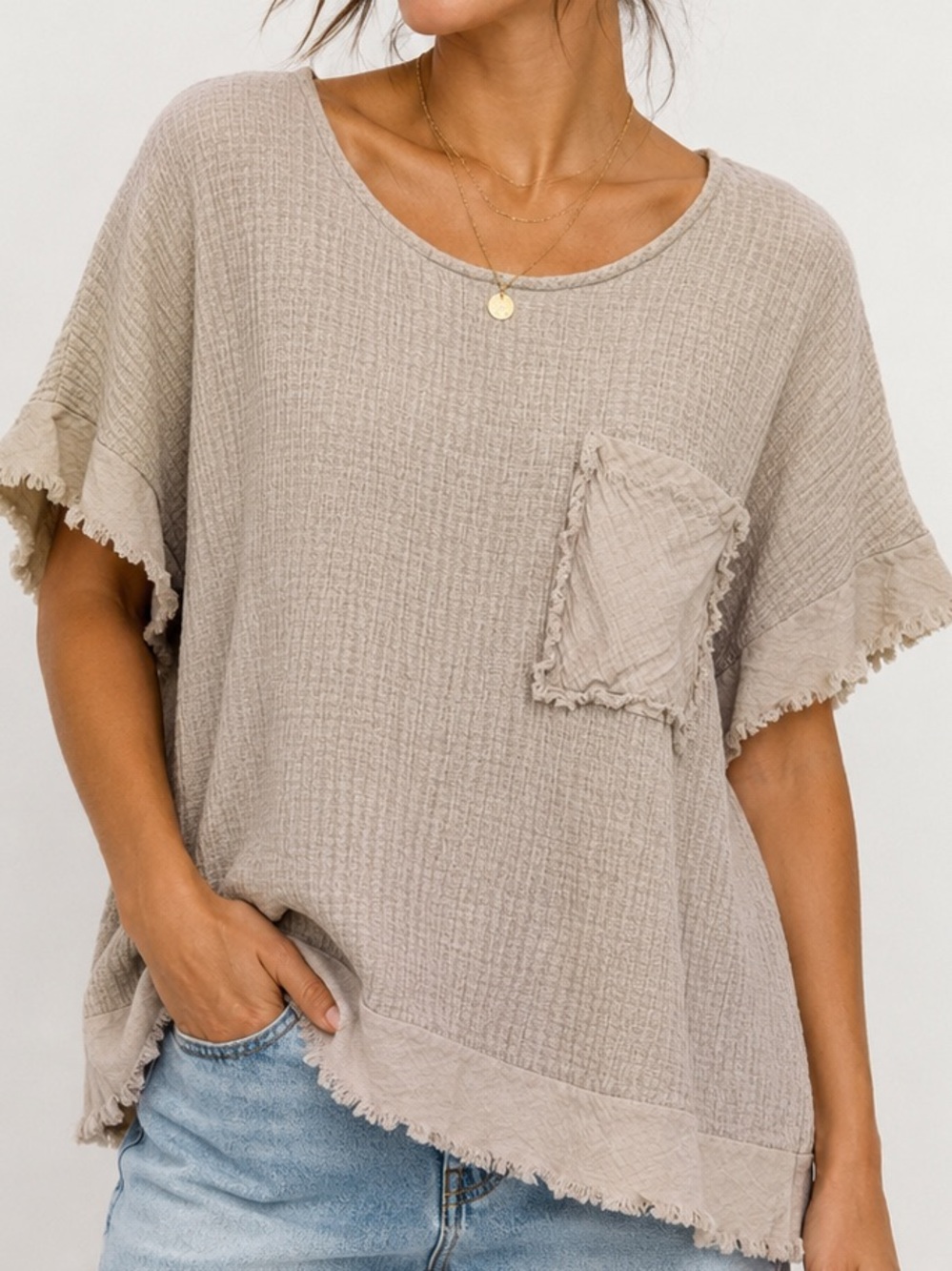 Women's Taupe Waffle Pocket Top - Relaxed Short Sleeve